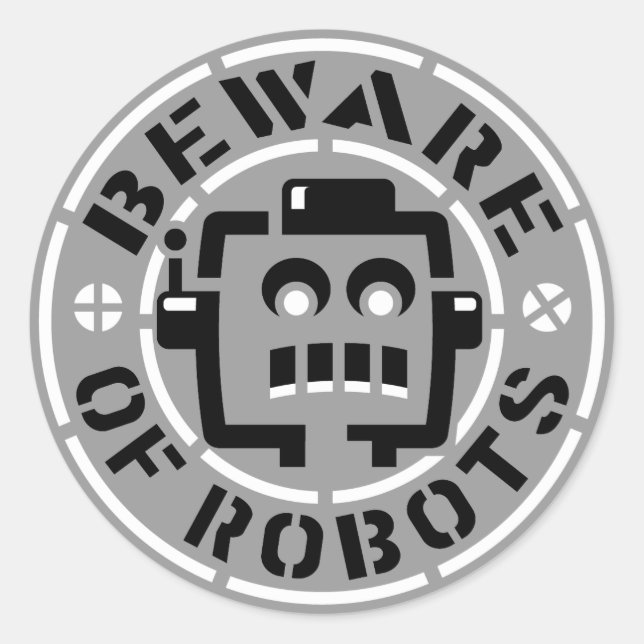 Var försiktig med robotsstickor runt klistermärke (Framsida)