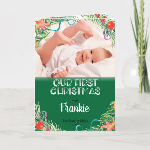 Vår första Baby Photo & Namn White-Grönt vid jul Helgkort