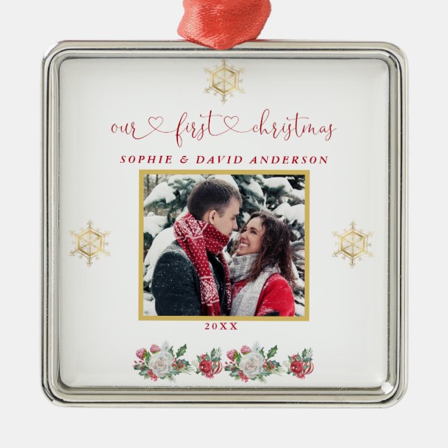 Vår första Blommigt i julafton, Softesfoto Bröllop Julgransprydnad Metall (Framsidan)