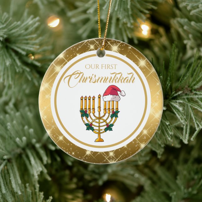 Vår första Chrismukah, Hanukkah Julgransprydnad Keramik (Träd)