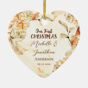 Vår första CHRISTMAS Blommigt Heart på hösten Julgransprydnad Keramik
