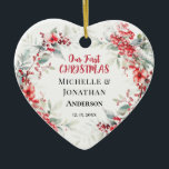 Vår första CHRISTMAS Winter Blommigt Heart Julgransprydnad Keramik<br><div class="desc">Vår första personlig av keramiska hjärtprydnadsföremål skildrar en vinter i eleganten, utandning av blommigten vid jultomten med den vackra färgen frysta röda bär, blommor och delikat mjuk sage grönt löv och evergreens. Anpassa med namn och datum. Baksidan är Bible Verse Sång i Solomon 3:4, "Jag har hittat den som min...</div>