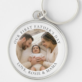 Vår första fars dag specialdesignad familjefoto rund silverfärgad nyckelring