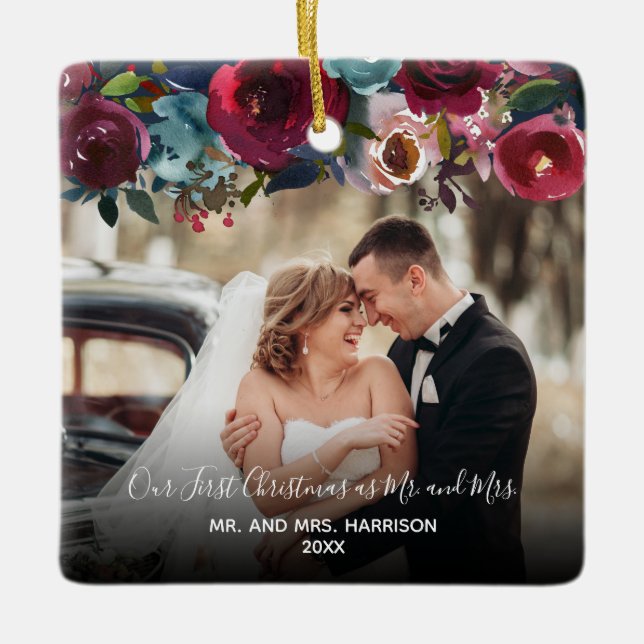 Vår första fotoBurgundy för jul 2 blommigt Julgransprydnad Keramik (Framsida)