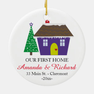 Vår första hem- julprydnad - snöig hus julgransprydnad keramik