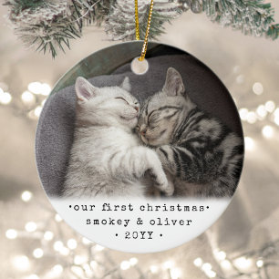 Vår första jul 2-katter eller ett vanligt sällskap julgransprydnad keramik