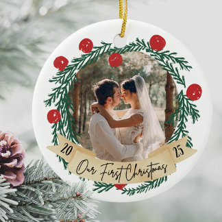 Vår första jul anpassad fotobild för par julgransprydnad keramik