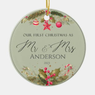 Vår första jul, Bröllop Foto, Mrs. Julgransprydnad Keramik