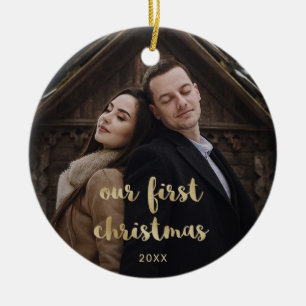 Vår första jul Bröllop Photos Guld Script Julgransprydnad Keramik