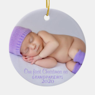 Vår första jul, ditt bebisfoto julgransprydnad keramik