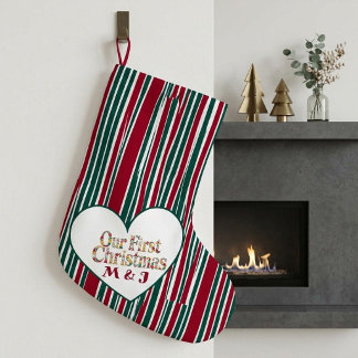Vår första jul för par med initialer i rutig monog stor julstrumpa