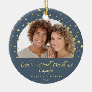 Vår första jul förlovade foto guldkonfetti julgransprydnad keramik
