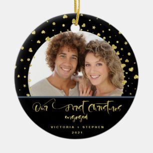 Vår första jul förlovade foto guldkonfetti julgransprydnad keramik