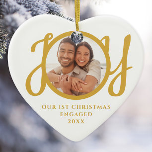 Vår första jul förlovade foto hjärtformat julgransprydnad keramik