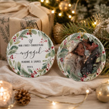 Vår första jul förlovningsfoto par krans