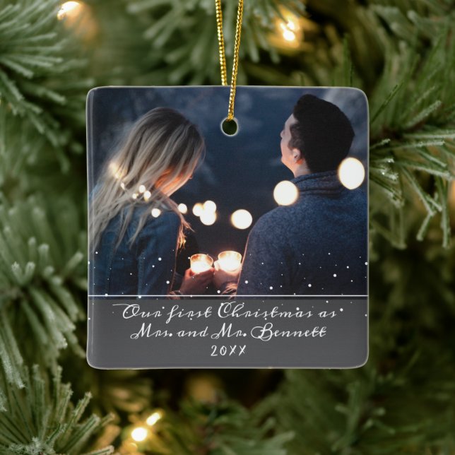 Vår första jul fru och herr bröllopsfoto julgransprydnad keramik (Träd)