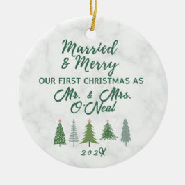 Vår första jul, gift och ära julgransprydnad keramik