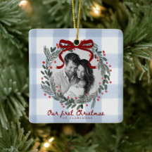 Vår första jul Gingham Krans Foto Ornament