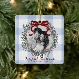 Vår första jul Gingham Krans Foto Ornament