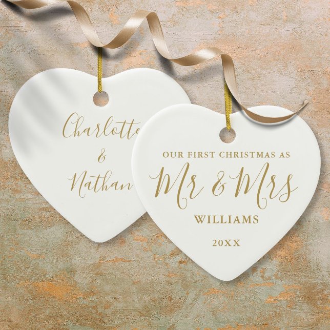 Vår första jul, herr Guld, Namnteckning skript Julgransprydnad Keramik (Our First Christmas Mr Mrs Gold Signature Script Ceramic Ornament)