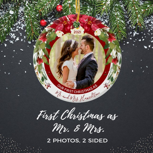 Vår första jul, herr Photo Poinsettia Blommigt Julgransprydnad Keramik (Skapare uppladdad)