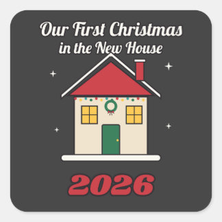 Vår första jul i det nya huset 2026 fyrkantigt klistermärke