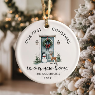 Vår första jul i nya huset grön dörr julgransprydnad keramik