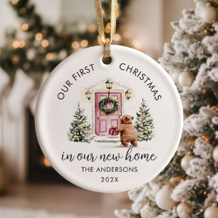 Vår första jul i nya huset rosa dörr julgransprydnad keramik