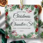 Vår första jul i vår nya hemvattenfärg julgransprydnad keramik<br><div class="desc">Vår första jul på<add name="" of="" your="" street="">Street i klassisk och enkel serif- och kursiv skripttypografi på en modern,  enkel bakgrund av våtfärgade botaniska bladverk</add></div>