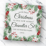 Vår första jul i vår nya hemvattenfärg magnet<br><div class="desc">Vår första jul på<add name="" of="" your="" street="">Street i klassisk och enkel serif- och kursiv skripttypografi på en modern,  enkel bakgrund av våtfärgade botaniska bladverk</add></div>