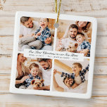 Vår första jul i vårt nya, moderna 4-foto julgransprydnad keramik<br><div class="desc">Design består av modern chic-typografi med sans serif- och serif-teckensnitt. Lägg till foton av anpassningsbarna i familjen och nytt hem och år.</div>