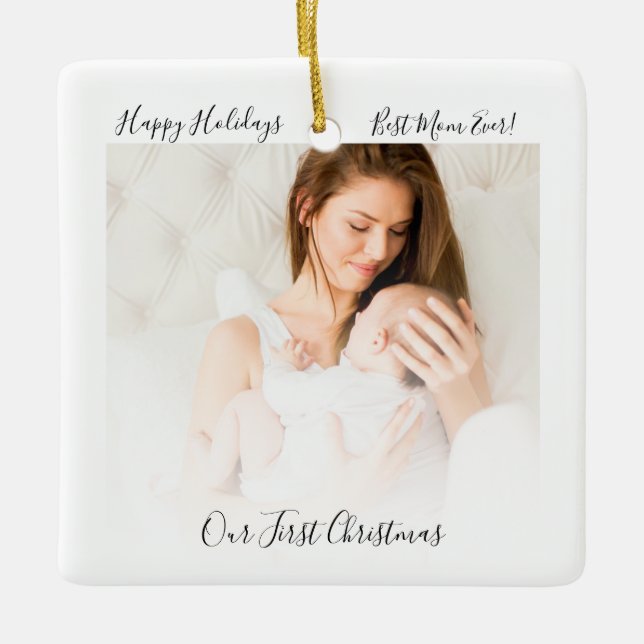 Vår första jul Mamma och Baby Photo Rustic Julgransprydnad Keramik (Framsida)