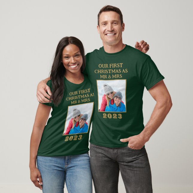 Vår första jul, mr & Mrs Grönt och Guld Photo T Shirt (Unisex)