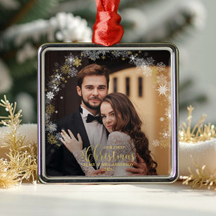 Vår första jul, mr och Gilded Couple Photo Julgransprydnad Metall