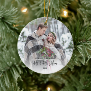 Vår första jul, mr och mrs Bröllop Photo Julgransprydnad Keramik