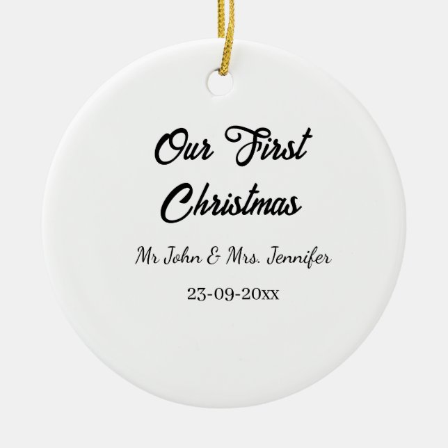 Vår första jul, mr och Mrs. namn. Julgransprydnad Keramik (Framsidan)