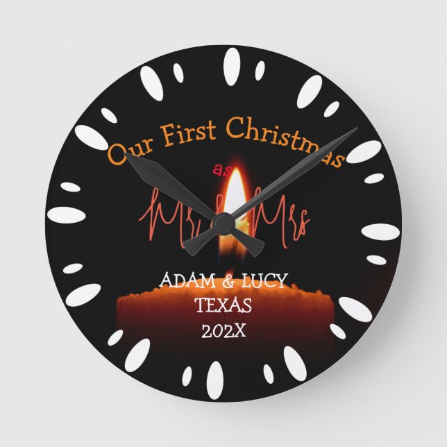 Vår första jul, mr och mrs Newlyed Candle Rund Klocka (Framsida)