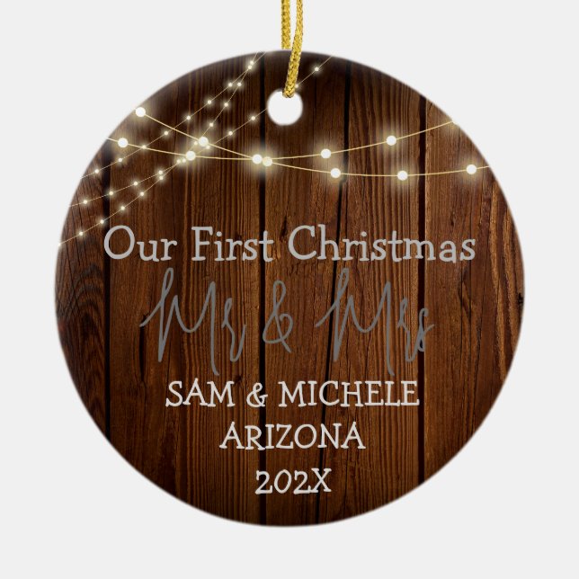 Vår första jul, Mr. och Mrs. Newlyed wood Julgransprydnad Keramik (Framsidan)