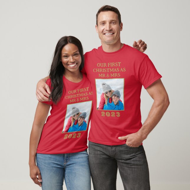 Vår första jul, mr och Mrs Red och Guld Photo T Shirt (Unisex)
