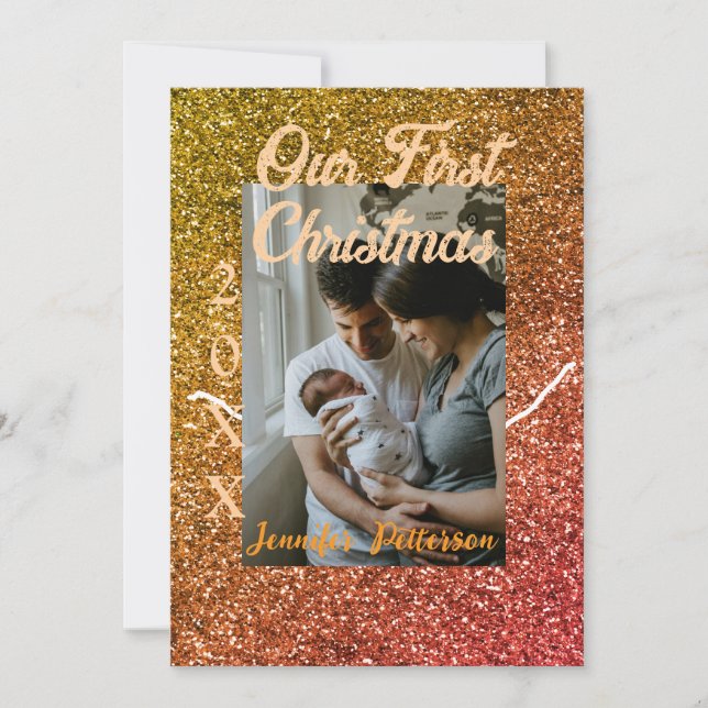 Vår första jul orange röd glitter foto år inbjudningar (Framsida)