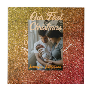 Vår första jul orange röda glitter foto år kakelplatta