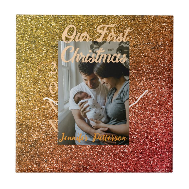 Vår första jul orange röda glitter foto år kakelplatta (Framsidan)