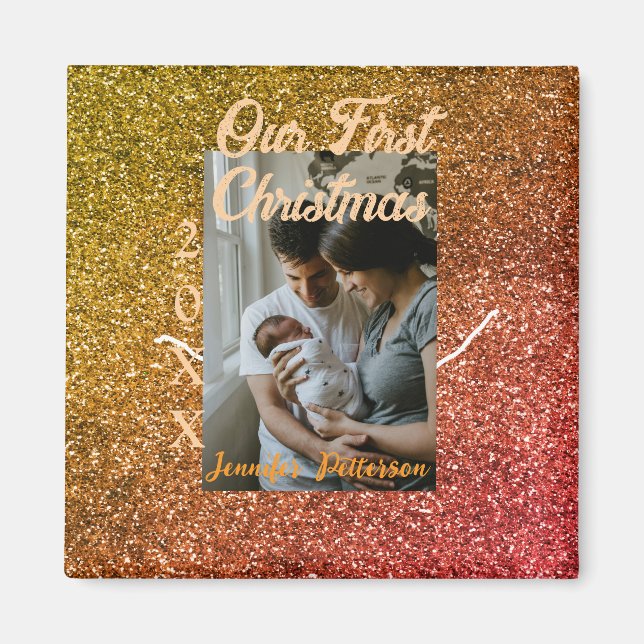 Vår första jul orange röda glitter foto år magnet (Framsidan)