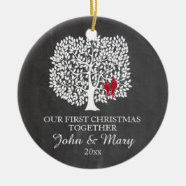 Vår första jul smyckar tillsammans, love birds julgransprydnad keramik