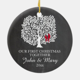 Vår första jul smyckar tillsammans, love birds julgransprydnad keramik