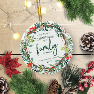 Vår första jul som en familj på tre lantlig julgransprydnad keramik