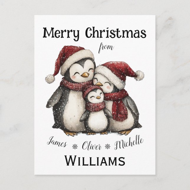 Vår första jul som familj av tre Penguins Vykort (Framsida)