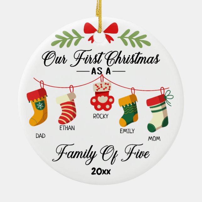 Vår första jul som familj fem med Namn Julgransprydnad Keramik (Baksidan)