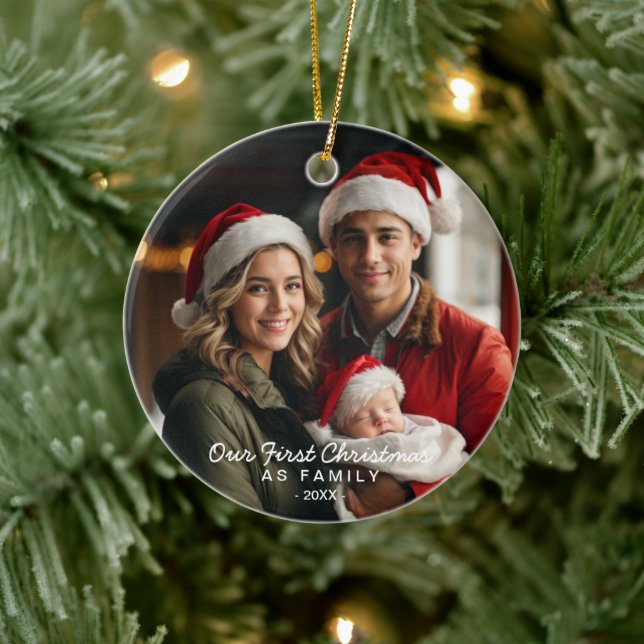 Vår första jul som familjefoto julgransprydnad keramik (Träd)