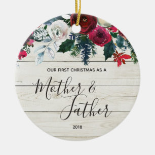 Vår första jul som far och mor julgransprydnad keramik